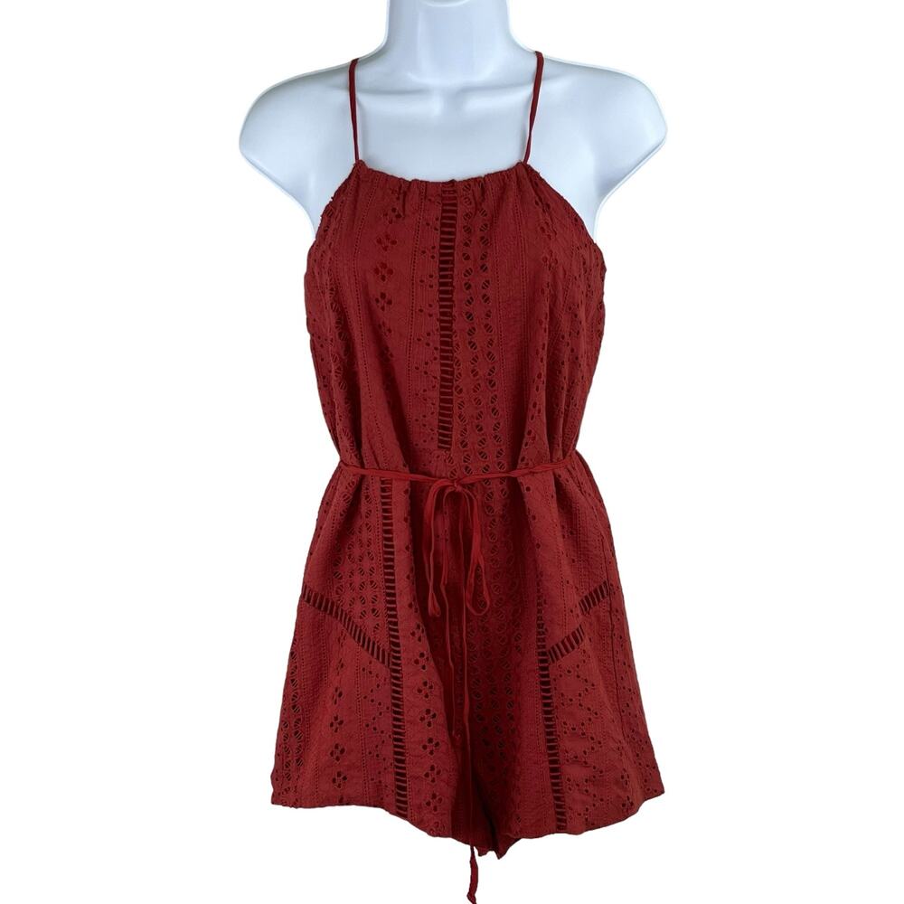 Lush Brick Red Eyelet Tie Waist Square Neck Sleeveless Shorts Romper S NWT Boho